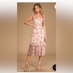 Lulus Terrace Views Taupe Floral Print Tiered Midi Dress size medium